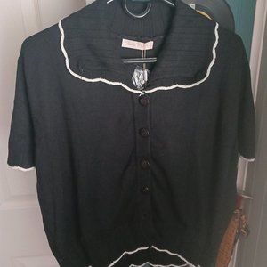 Bell Poque Short Sleeve Summer Cardigan w/ Scallop Collar & Pipiing